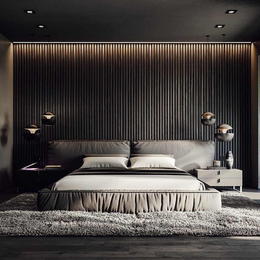 Kamar tidur elegan mayoritas berwarna hitam dan abu-abu
